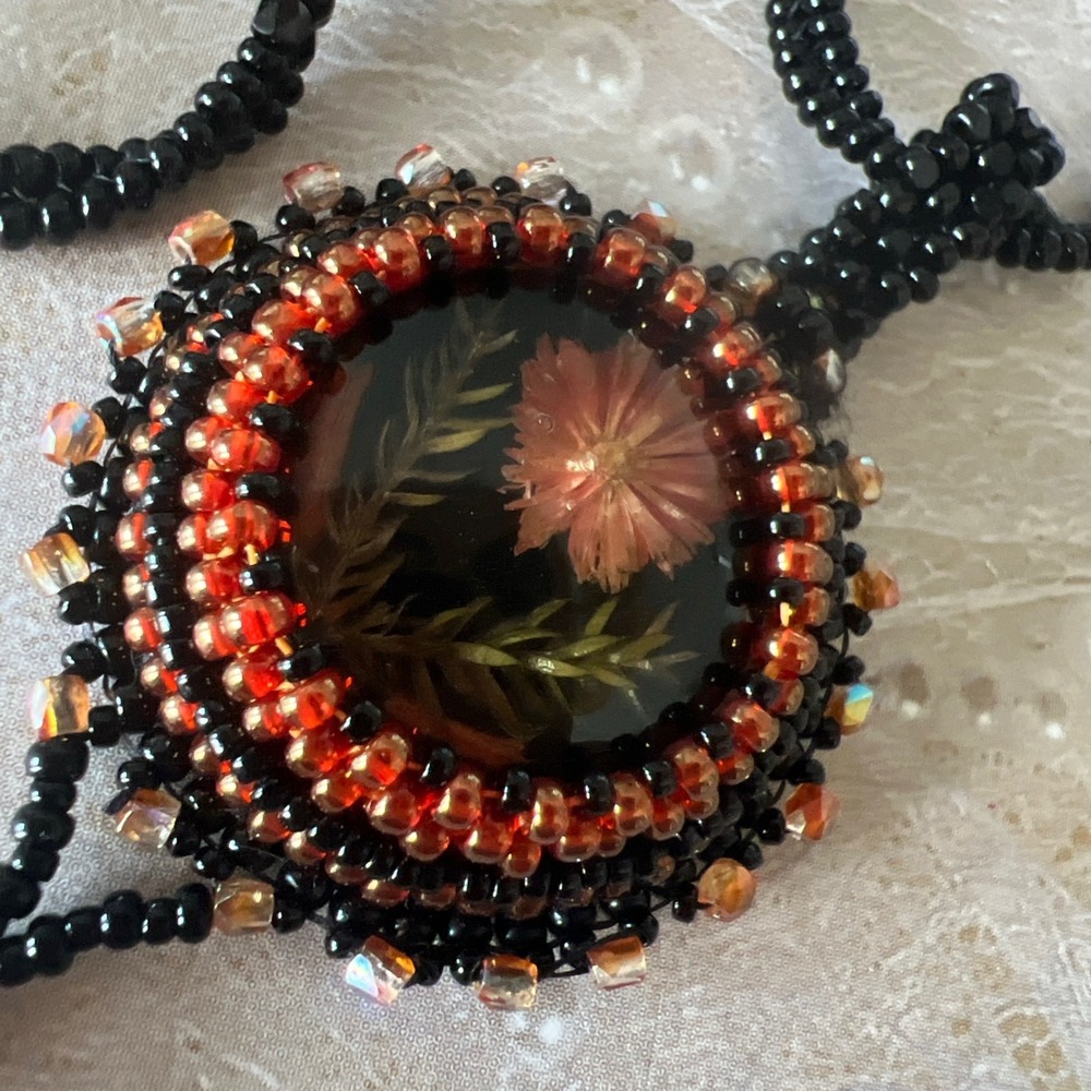 Handmade Bead Embroidery Pressed Flower Pendant Necklace Artisan Boho Whimsygoth